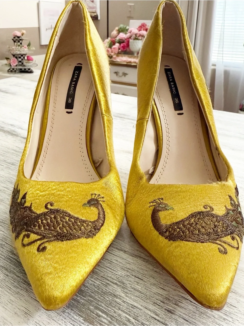 Zara Peacock Embroidered Pointed-Toe Stiletto Heels size 36